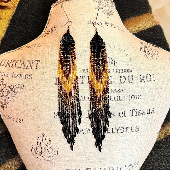 Sexy Dramatic Black and Gold Glass Beaded Fringe Earrings Handmade - Picture 13 of 16